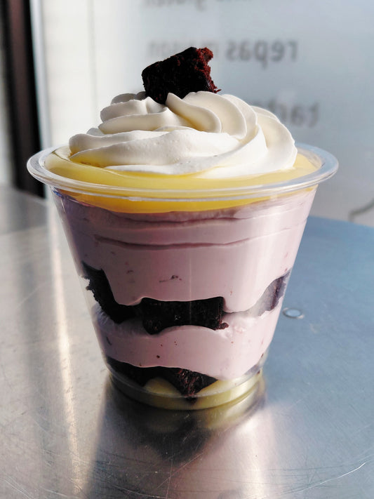 Lemon raspberry brownie parfait